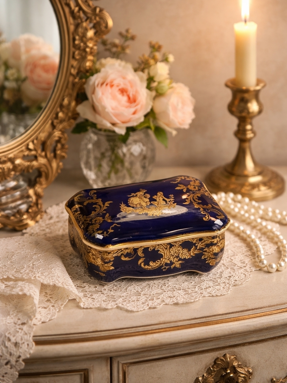 Limoges Gold Guilded Blue and Gold Decorative Jewellery Trinket Box